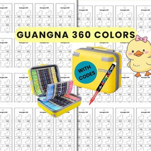 May include: A yellow carrying case with a set of 360 colored markers and coloring pages. The text "GUANGNA 360 COLORS" is displayed prominently. The case has a handle and a sticker that says "WITH CODES".
