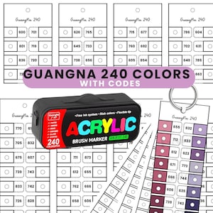 May include: A set of Guangna 240 Acrylic Brush Markers with color codes. The image shows a black carrying case with the brand name and product details, along with color swatches and a color chart.