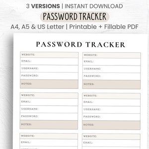 Password Tracker Printable Fillable Password Keeper Password Organizer Password Log A4/A5/Letter Instant Download PDF Bundle Modern