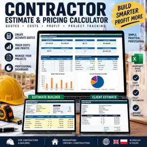 Puede incluir: Una hoja de cálculo digital para estimar costos y precios de contratistas mostrada en tres pantallas de computadora portátil. La interfaz incluye un panel de control, flujo de cotizaciones, gráfico circular de costos y formularios de presupuesto.