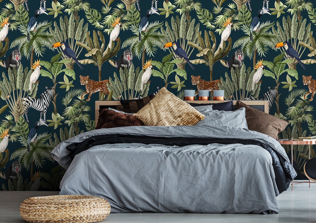 NAVY BLUE Parrot Wallpaper Animal Prints Wallpaper Nursery Etsy
