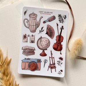 Adesivos Light Academia: Câmera Vintage, Livros, Partitura de Violino, Adesivos para Diário, Agenda, Scrapbook