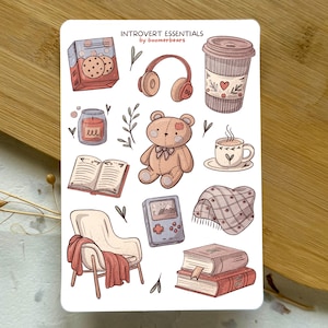 essentiels introvertis | Feuille d'autocollants Cottagecore | Stickers en vinyle confortables pour journal, agendas, Bullet Journals, scrapbooking et décoration confortable