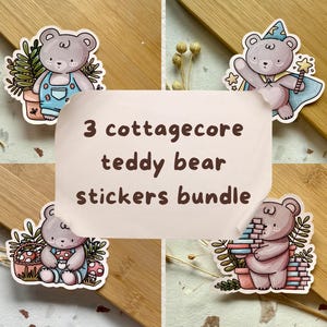3core Cottage Teddybär Aufkleber Bündel | 3er Set gemütliche Vinyl-Aufkleber für Journaling und Planer | Ästhetische Aufkleber