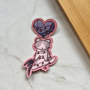 Pegatina de gato con globo de corazón / Ideal para estuches y botellas / Encantadora estética cottagecore