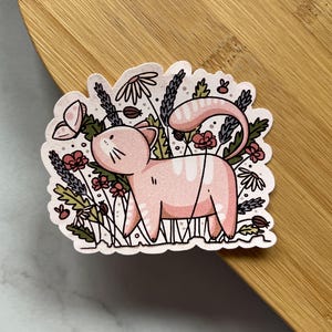 Kat en bloemen gezellige Cottagecore-sticker | Waterdichte vinylsticker wilde bloemen voor hoesjes, flessen, laptops en meer