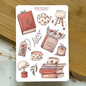 Foglio di adesivi in vinile Booktrovert / Adesivi Cottagecore Aesthetic Book Lover / Pila di libri per topi di biblioteca / Adesivi per lettura accogliente Booktok Trend