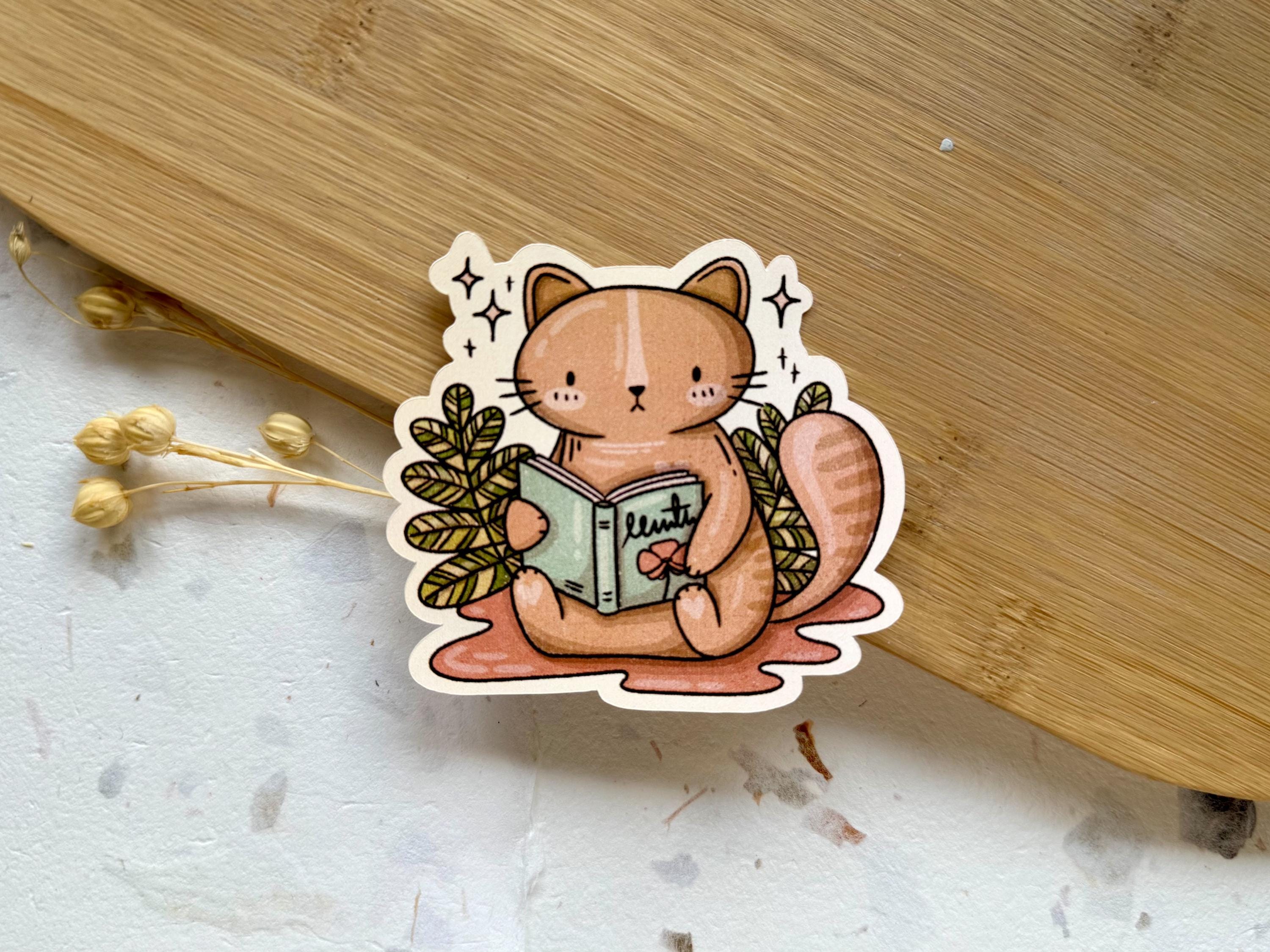 Reading Ginger Cat | Cottagecore Sticker | Bookish Lover Gift | Cozy Orange Cat with Book | Vintage Aesthetic Bookworm Decal