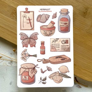 Feuille d'autocollants en vinyle pour herboriste | Ambiance Cottagecore | Esthétique douce avec des plantes, des papillons, des citrons, une carte postale | Stickers Journal livresques