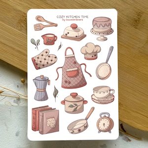 Gemütliche Küchenzeit | Cottagecore Stickerbogen | Back & Koch Zubehör | Schürze, Topf, Pfannen, Geschirr, Kitchenaid | Weiche Landhausästhetik