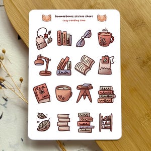 Temps de lecture confortable | Feuille d'autocollants Cottagecore | Stickers esthétiques en papier vinyle thème livresques pour amateur de livres et décor de rat de bibliothèque pour journal