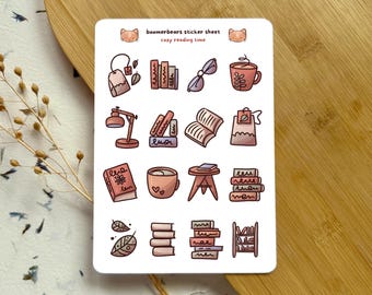 Cozy Reading Time | Cottagecore Sticker Sheet | Vinyl Paper Aesthetic Stickers Bookish Theme for Book Lover and Bookworm Decor for Journal