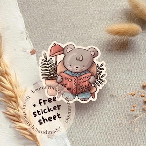 Bookworm Sticker: Vinyl Tedy Bear, Bookish Cottagecore, Floral Booktok Decal