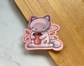 Moody Cat Sticker | Coffee Cup Cottagecore Cozy Aesthetic Art | Whimsical Vinyl Cat Decal Perfect Gift for Cat Lovers