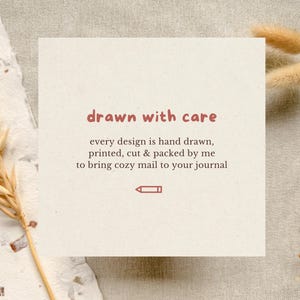 Soft neutral graphic describing the handmade process, explaining that each boomerbears sticker design is hand-drawn, printed, cut, and carefully packed by the artist.