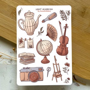 Foglio di adesivi in vinile Light Academia / Atmosfere Cottagecore / Estetica vintage / Adesivi per diario con libri, violino, teiera / Dark Academia