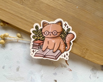 Ginger Cat with Glasses | Cottagecore Sticker | Cozy Aesthetic, Vintage Vibes Reading Cat | Book Pile Sticker for Bookworms, Book Lovers