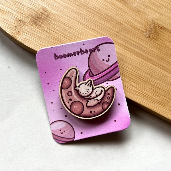 Cat & Moon Wooden Pin | Cute Celestial Theme Maple Wood Pin | Perfect Gift for Cat Lovers and Cat Owners