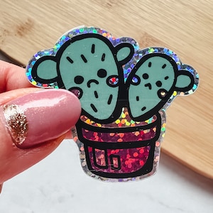 Adesivo in vinile con cactus glitterato e vibrante / Decorazione vegetale impermeabile fustellata per il tuo ufficio
