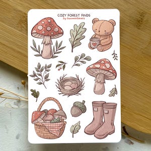 Cosy Forest Finds-vinyl stickervel | Cottagecore-stickers | Paddestoelen, mand, nest | Dagboekstickers voor planners, bulletjournals