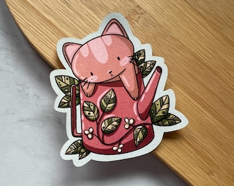 Ginger Cat Sticker in a Watering Can | Cottagecore Cat Lover Gift | Cute Decal for Bottle, Laptop, Notebook, Phone Case