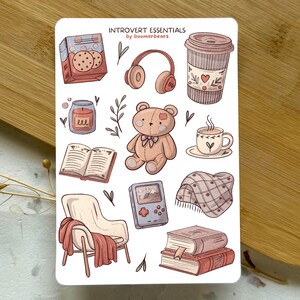 essentiels introvertis | Feuille d'autocollants Cottagecore | Stickers en vinyle confortables pour journal, agendas, Bullet Journals, scrapbooking et décoration confortable