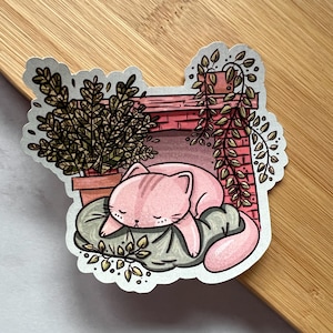 Pegatina de gato durmiendo con motivos cottagecore / Fondo de chimenea Hygge / Calcomanía troquelada impermeable y acogedora para decorar