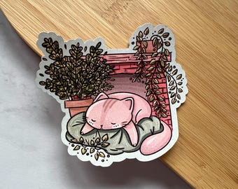 Sleeping Cat Cottagecore Sticker | Hygge Fireplace Background | Cozy Die-Cut Waterproof Decal for Decorating