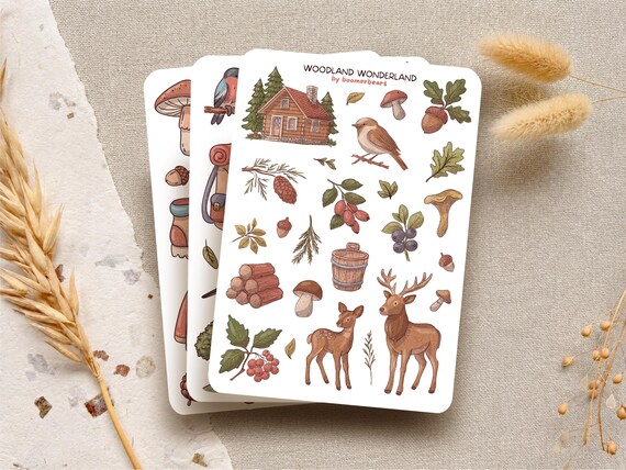 Woodland Sticker Bundle: 3 Vinyl Cozy Forest, Nature Lover, Wildlife Adventure, Cozy Cottagecore Sheet