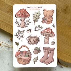 Feuille d'autocollants en vinyle Cosy Forest Finds | Autocollants Cottagecore | champignons, panier, nid | Stickers de journalisation pour agendas, Bullet Journals