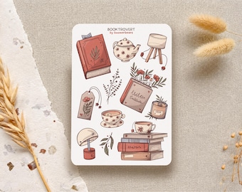 Booktrovert Stickers: Cozy Book Stack, Cottagecore Sticker Sheet, Journal Stickers
