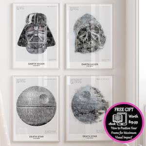Könnte beinhalten: Set aus vier Schwarzweiß-Drucken zum Thema Star Wars mit Darth Vader und dem Todesstern. Die Drucke sind im minimalistischen Stil gehalten mit weißem Hintergrund und schwarzem Text. Der Text auf den Drucken lautet "Darth Vader" und "Death Star".