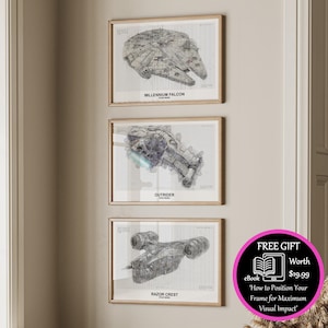 Star Wars Millennium Falcon Concept Sketch imprimible Star Wars Cartel Razor Crest Impresión pared arte Star Wars Outrider pintura nave espacial regalo