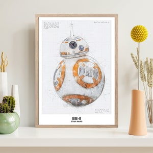 Może przedstawiać: Aquarela przedstawiająca BB-8, droida z franczyzy Gwiezdne Wojny. Ilustracja znajduje się w białej ramie i przedstawia białego i pomarańczowego droida z czarnym okiem.