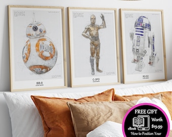 C3-PO R2-D2 BB-8, Concept Sketch, Star Wars Poster, Star Wars Art, Star Wars Decor, Star Wars Print, Star Wars, Darth Vader, Jedi, Droid, SW