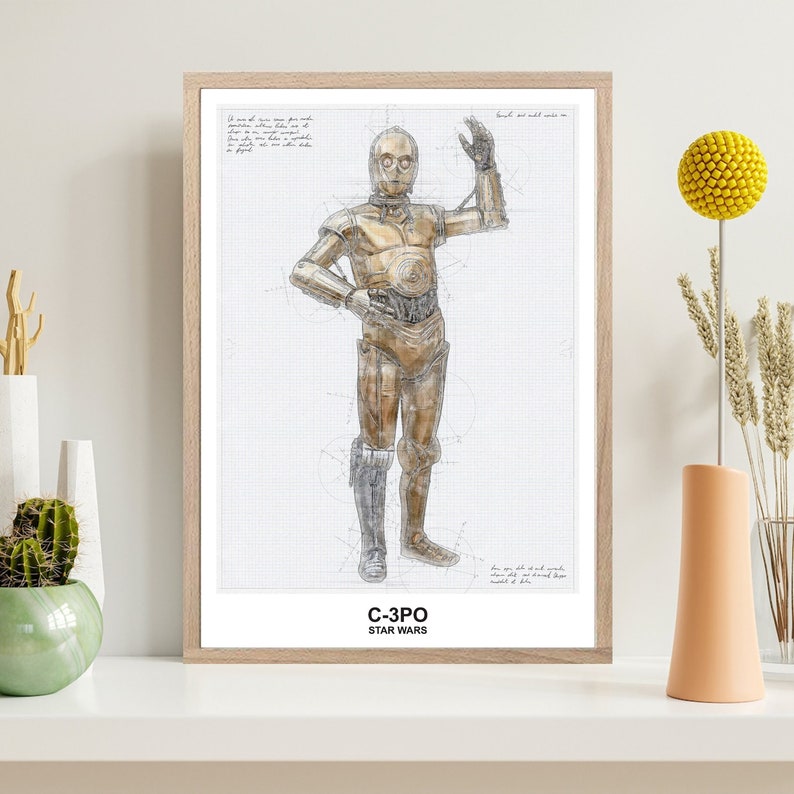 Może przedstawiać: Czarno-biały rysunek liniowy C-3PO z Gwiezdnych Wojen. Rysunek znajduje się na tle kratki i przedstawia ciało robota w szczeg&oacute;łach. Tekst "C-3PO" i "STAR WARS" znajduje się na dole obrazu.