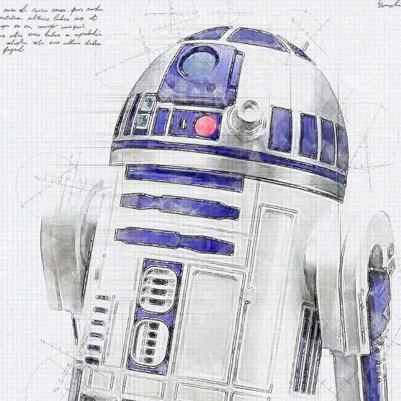 Może przedstawiać: Aquarela przedstawiająca białego i niebieskiego robota na tle siatki. Robot ma okrągłą głowę z jednym czerwonym okiem i prostokątne ciało z wieloma panelami.