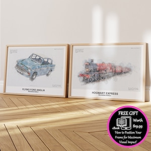 Puede incluir: Dos impresiones de acuarela enmarcadas de vehículos icónicos del Mundo Mágico. La impresión de la izquierda presenta un Ford Anglia azul volador con el texto "Flying Ford Anglia" y "Wizarding World". La impresión de la derecha presenta un tren rojo Hogwarts Express con el texto "Hogwart Express" y "Wizarding World".