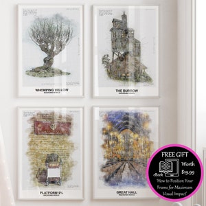 Peut inclure: Ensemble de quatre impressions de style aquarelle représentant des lieux emblématiques du monde des sorciers : le Saule Cogneur, le Terrier, le quai 9 3/4 et la Grande Salle. Chaque impression comprend le nom du lieu et le texte « Wizarding World ».