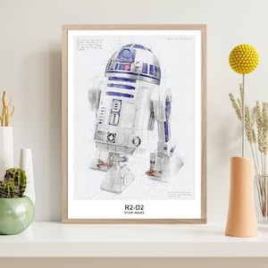 Może przedstawiać: Ilustracja akwarelowa w ramie przedstawiająca R2-D2, droida z Gwiezdnych Wojen, w niebiesko-białej kolorystyce. Ilustracja znajduje się na białym tle z siatką i tekstem "R2-D2 STAR WARS".