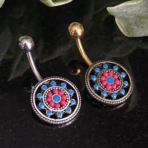 1 Piece Unique Aztec Turquoise Paved Circle with Feather Dangle Navel / Naval Belly Ring - 14g - 10mm - Gold and Silver Available!