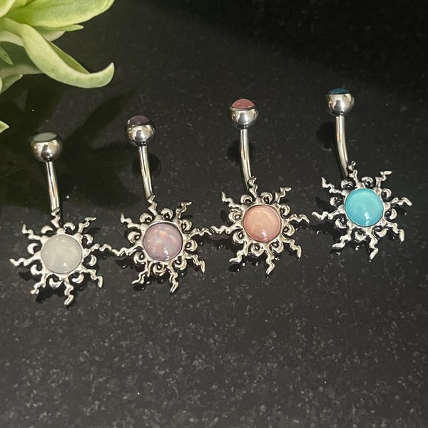 1 Piece Beautiful Tribal Sun Illuminating Stone Ring Navel / Naval Belly Ring - 14g - 10mm -  Available in Clear, Pink, Aqua & Purple!