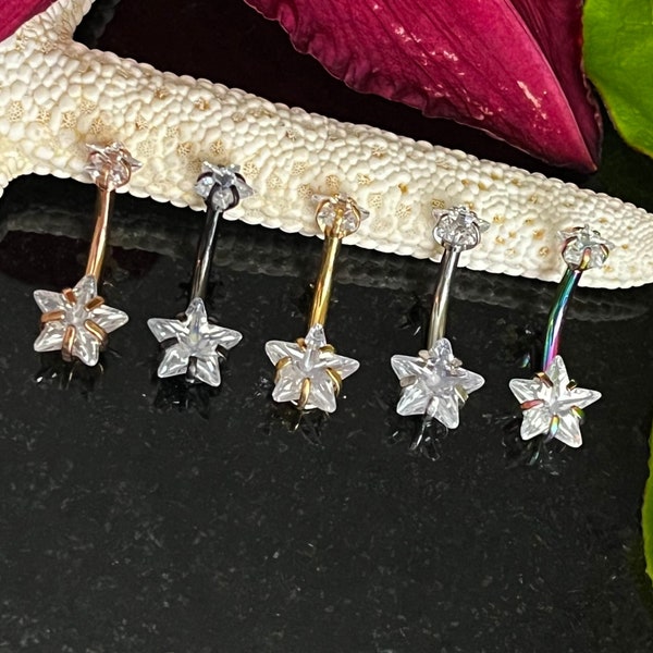 1 Piece Brilliant Prong Set CZ Gem Double Star Internally Threaded Navel/Naval Belly Ring - 14g - 10mm - Available in a Variety of Colors:)