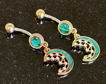 1 Piece Unique Abalone Shell Inlay Crescent Moon with CZ Stars Dangle Navel / Naval Belly Ring - 14g - 10mm - Gold and Rose Gold Available!