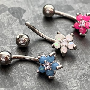 1 Piece Brilliant Opal Glitter Flower Curved Barbell Eyebrow Ring - 16g - Length 8mm - White, Blue and Pink Available!