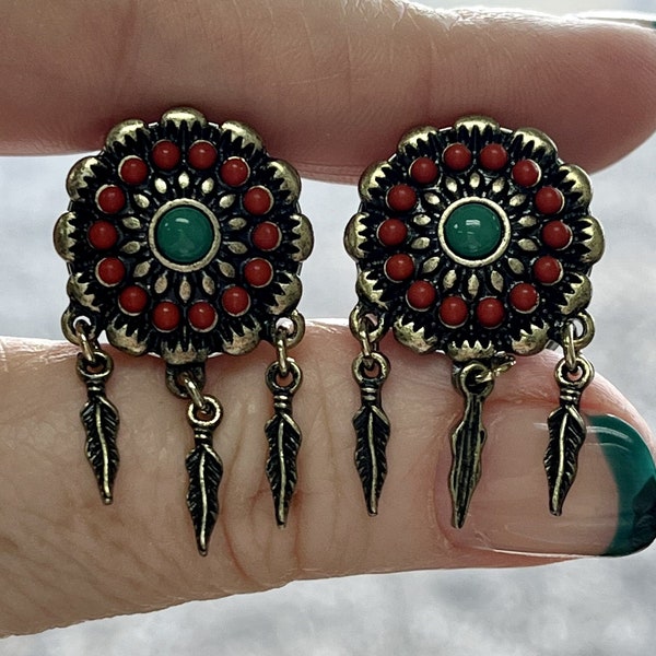 PAIR of Antiqued Red & Turquoise Flower with Feather Dangles Double Flare Steel Tunnels/Plugs - Gauges 0g (8mm) thru 5/8" (16mm) Available!