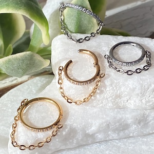 1 Piece Stunning Solid Titanium Chain Link CZ Gem Hinged Segment Ring - Gauge 16g - 8mm or 10mm - Gold or Silver Available!