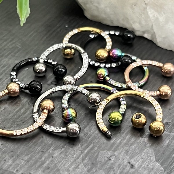 1 Piece Unique Titanium CZ Gem Sides Circular Barbell Horseshoe - 16g - 8 or 10mm- Black, Gold, Multi-Color, Rose Gold and Silver Available!