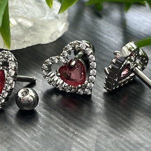 1 Piece Brilliant CZ Gem Lined Pink Heart Steel Tragus/Cartilage Stud - 16g, 6mm Wearable Length, 4mm Ball, 10mm Top Design!