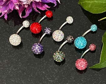 1 Piece Stunning Epoxy Coated Crystal Paved Balls Surgical Steel Navel/Naval Belly Ring - 14g - 10mm -  Available in a Variety of Colors!